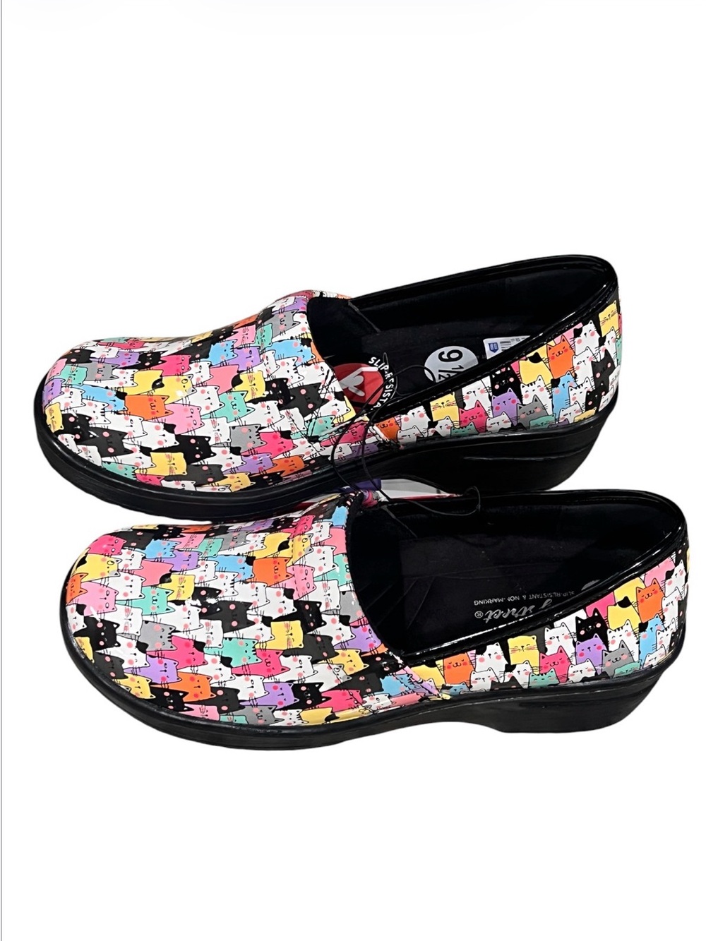Easy street women Slip-On Clogs in Multicolor Cat Print - Comfort Work Shoe 9.5